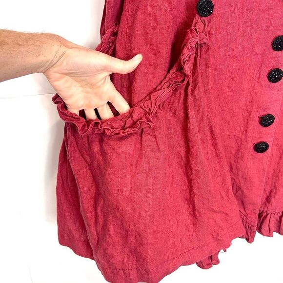Taylor G Linen Jacket Womens Small Red Button Front Ruffle Trim Lagenlook Coat - Picture 10 of 13